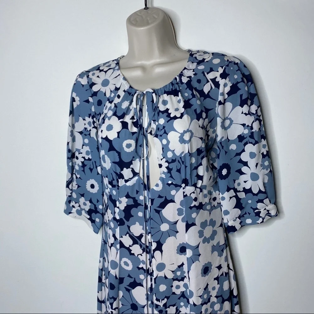 MICHAEL KORS COLLECTION Blue White Midi Floral Silk Georgette Dress sz 2